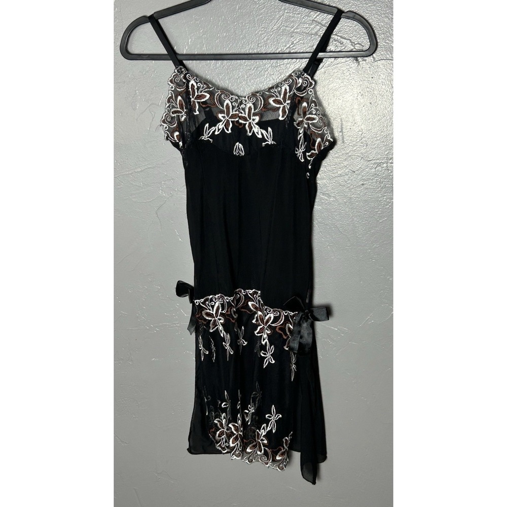 Black Mini Night Dress Sheer With‎ Floral Embroidery See Measurements For Size